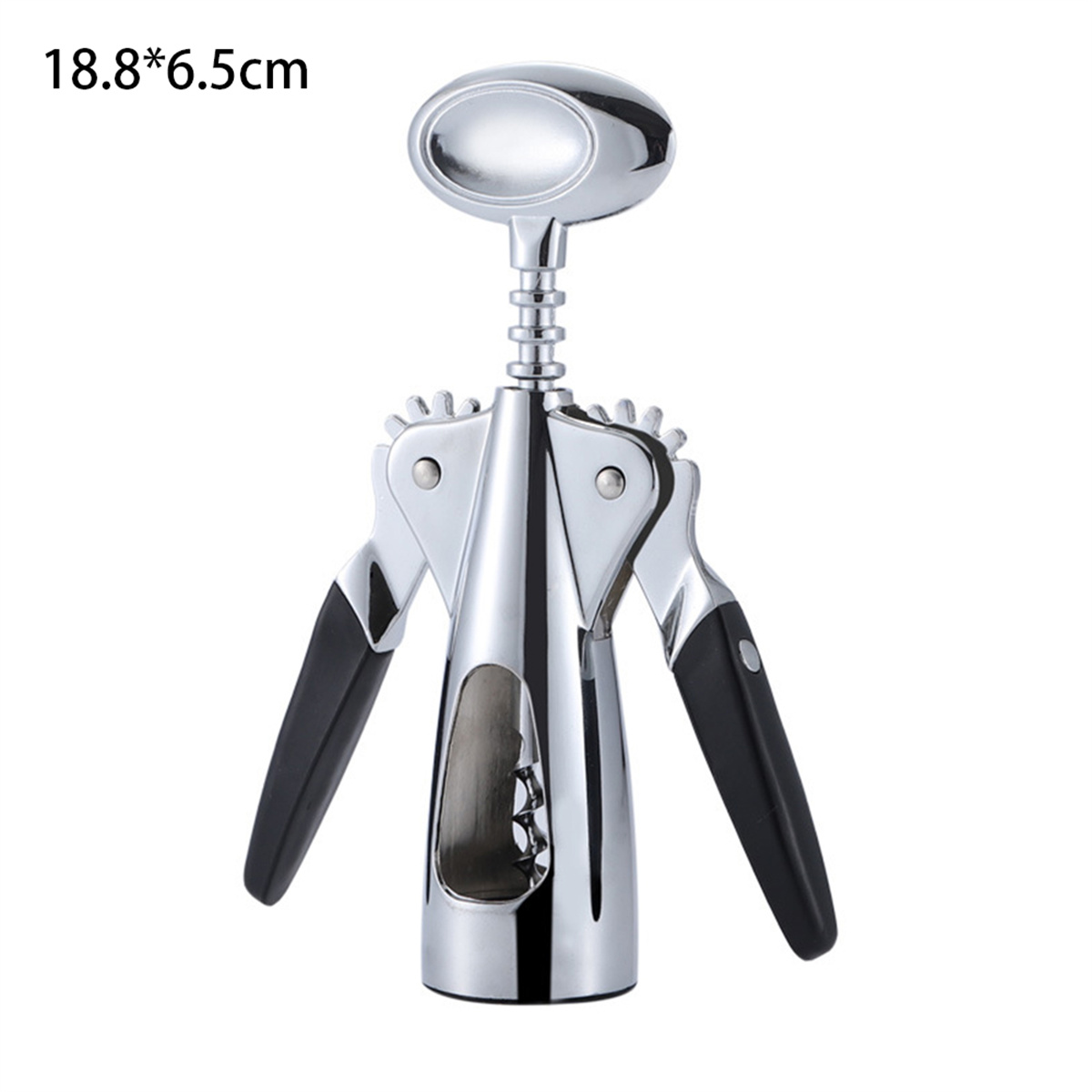 Korkenzieher aus Chrom und Schwarz. Abmessungen sind 18,8 * 6,5 cm.