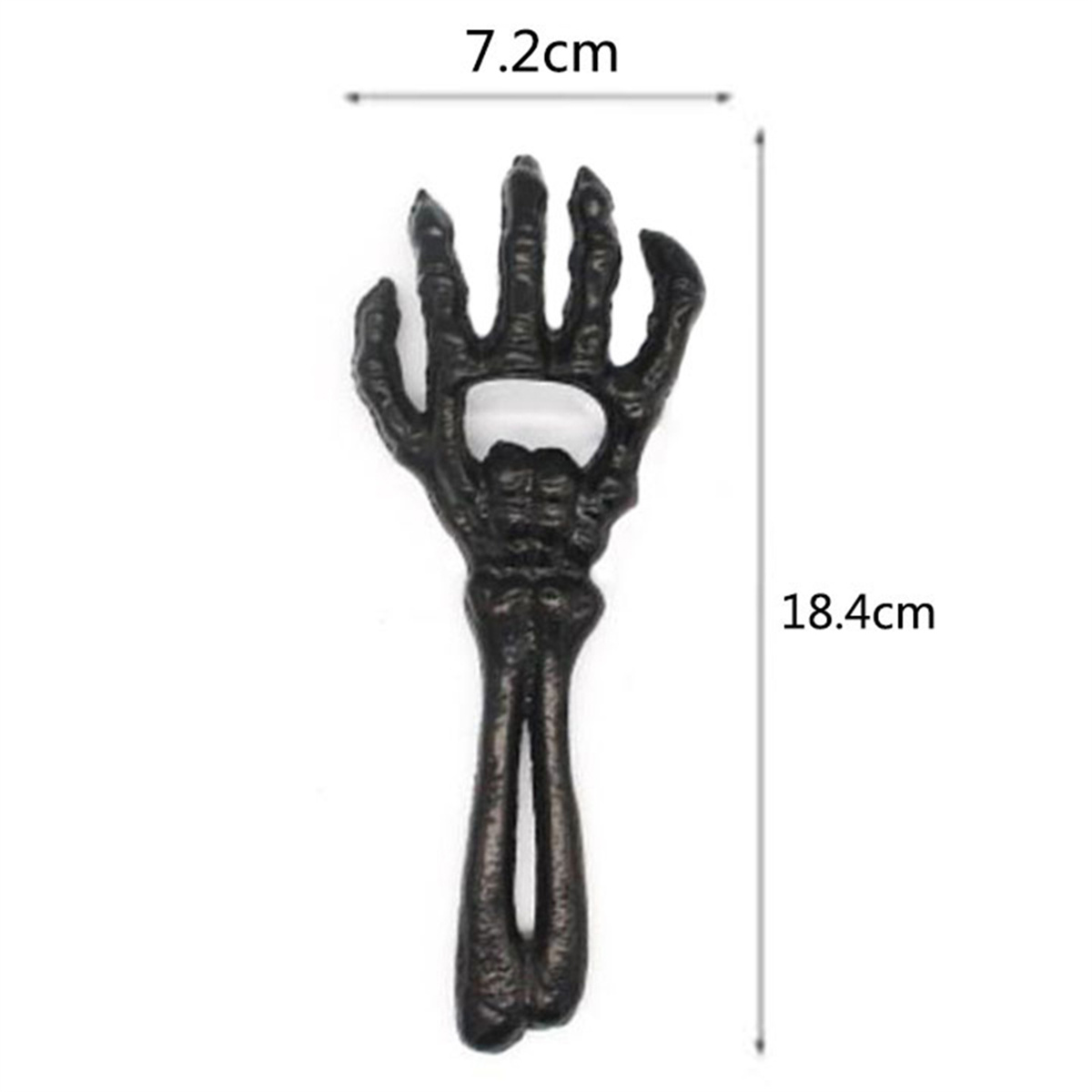 Ein schwarzer Flaschenöffner in Form einer Skeletthand wird mit Abmessungen dargestellt. Der Hintergrund ist weiß.