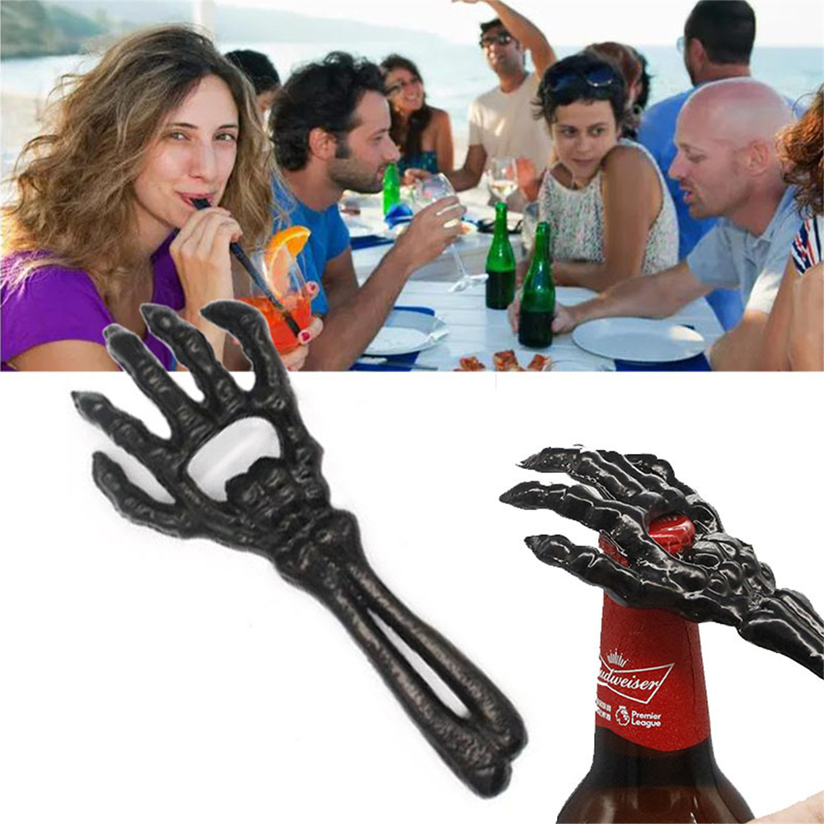 Leute auf einer Party mit Getränken. Ein Flaschenöffner in Skeletthand öffnet eine Bierflasche.