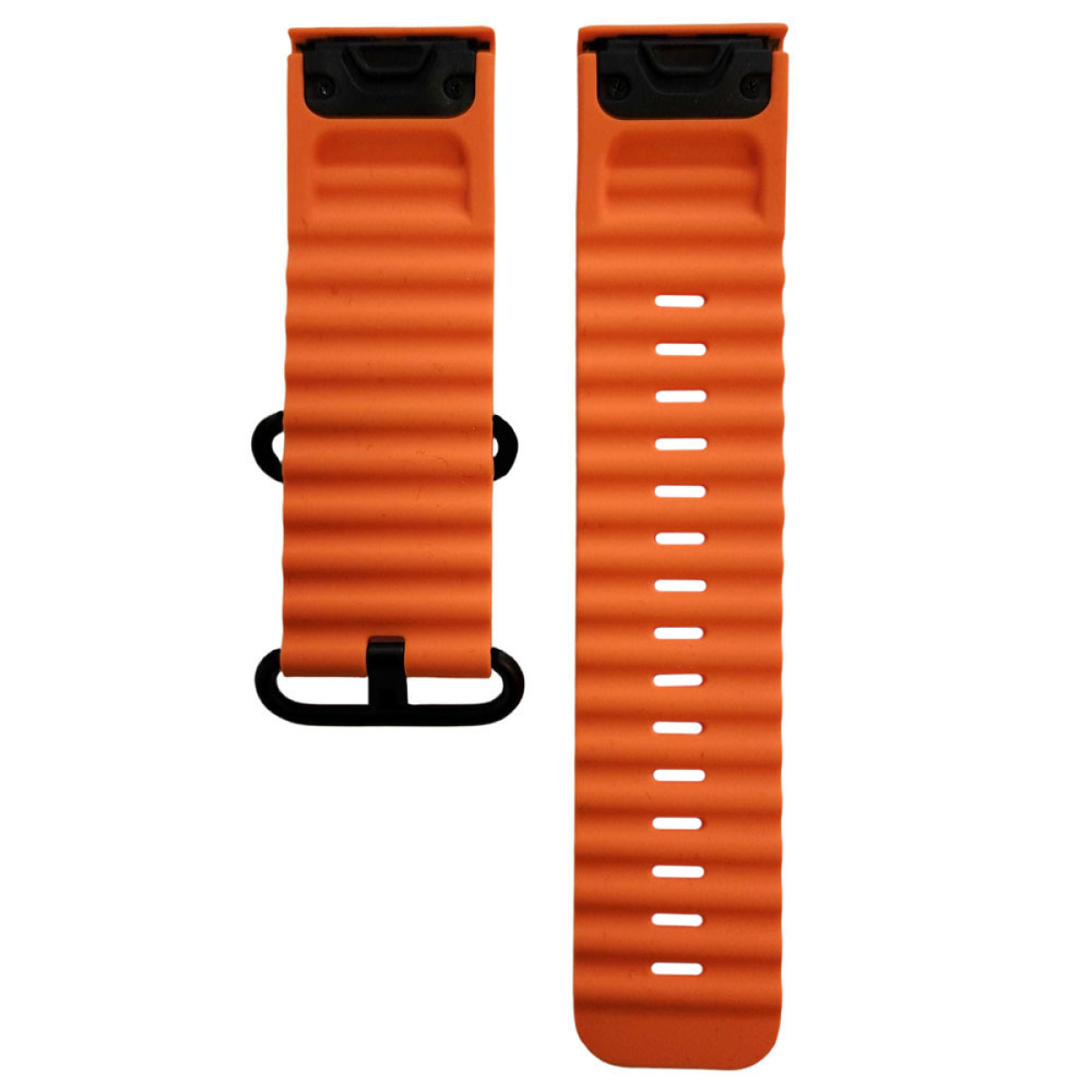Zwei orangefarbene Uhrenarmbänder mit schwarzen Schnallen vor weißem Hintergrund.