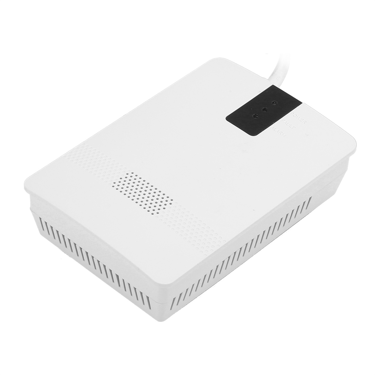 Weißes elektronisches Gerät mit Lüftungsschlitzen und einem schwarzen Abschnitt mit Lichtern. Ein weißes Kabel kommt heraus.