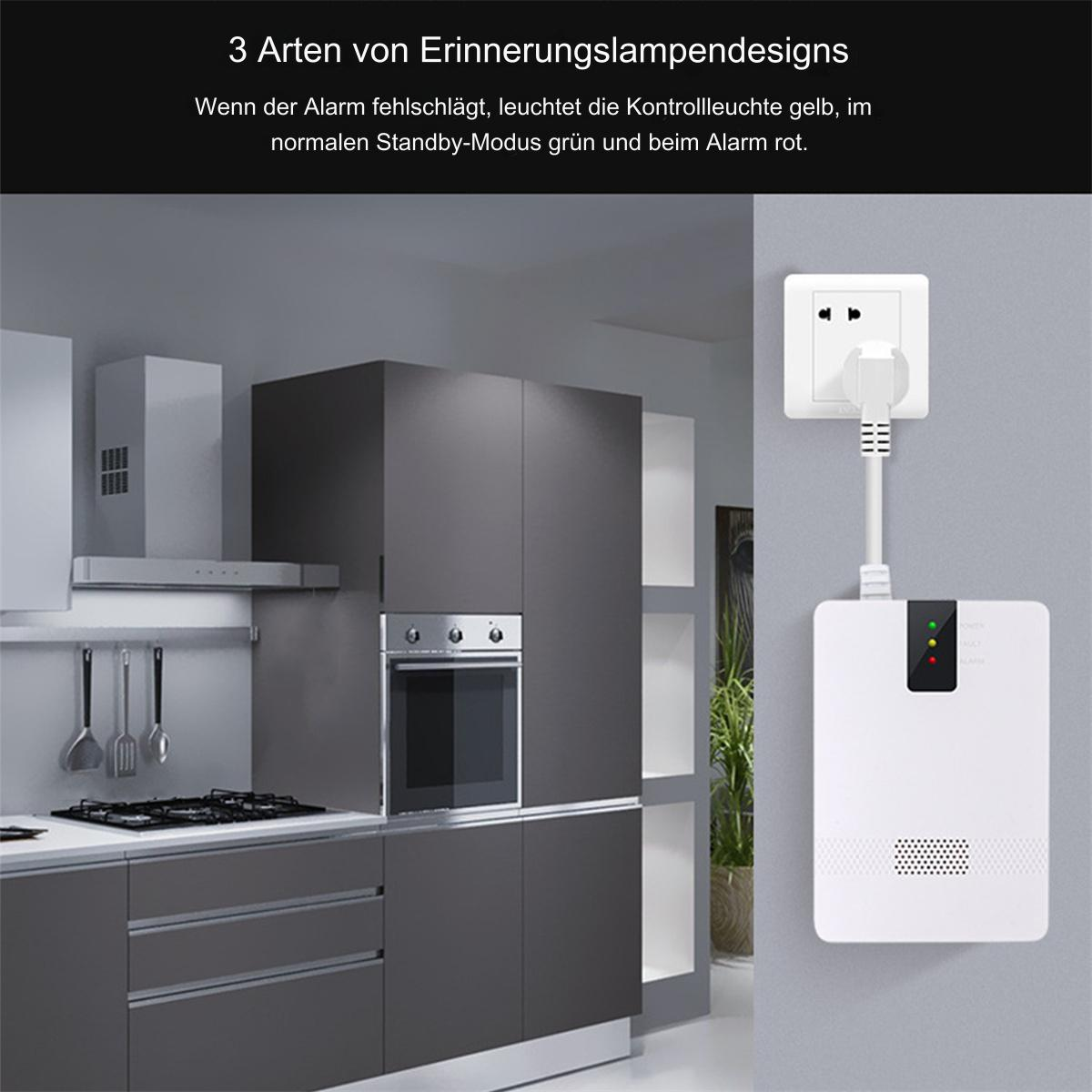 Küche mit grauen Schränken, eine weiße Wand mit einem Rauchmelder und Geräte.
