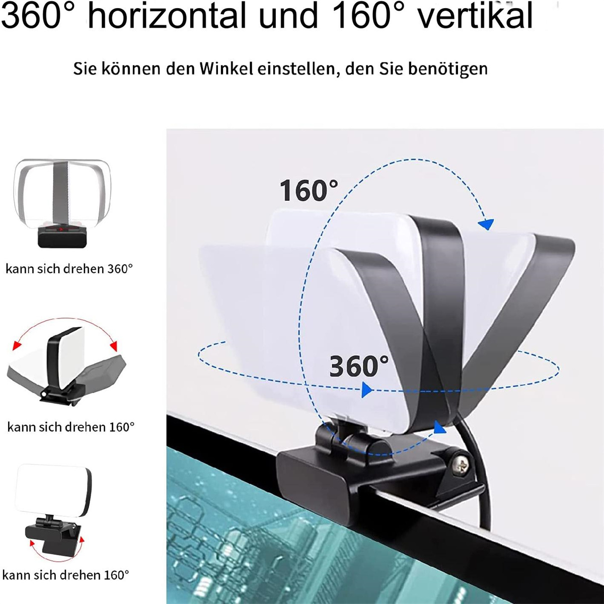 Eine Webcam mit Diagrammen, die eine horizontale 360° und vertikale 160° Ansicht zeigen.
