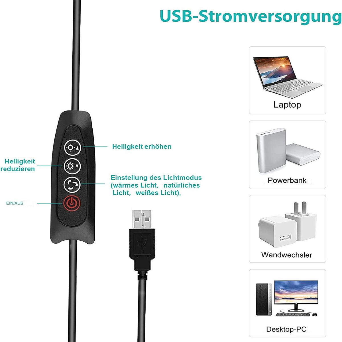 Ein schwarzes USB-Kabel mit Steuertasten und Geräte-Diagrammen.