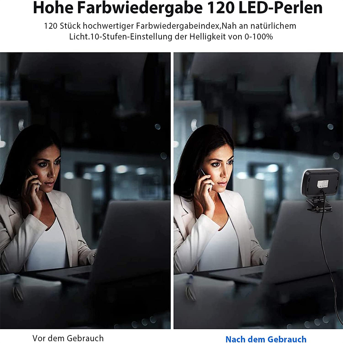 Zwei Bilder, die eine Frau zeigen, die einen Laptop benutzt und telefoniert. Das erste ist vorher, das zweite nachher.
