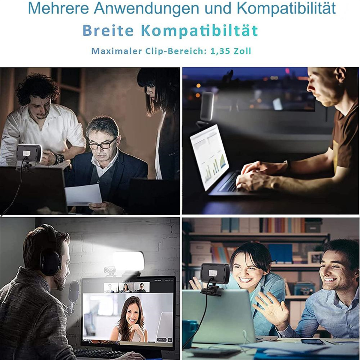 Vier Bilder zeigen Webcams in Gebrauch. Menschen sind in verschiedenen Umgebungen zu sehen, die Laptops und Bildschirme verwenden.