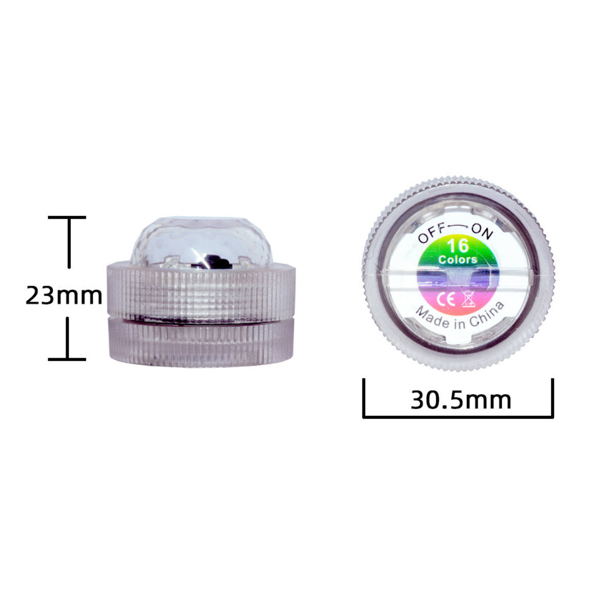 Ein rundes LED-Licht mit den Abmessungen: 30,5 mm Durchmesser, 23 mm Höhe.