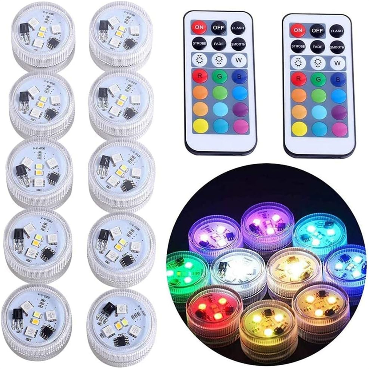 LED-Leuchten und Fernbedienungen. Die Lichter sind im Wasser, und die Fernbedienungen steuern die Farben und Modi.