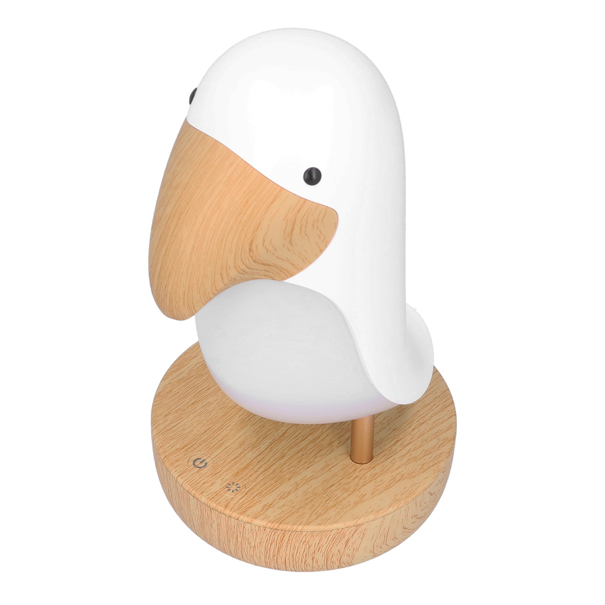Eine weiße, vogelformige Lampe mit Holzsockel, von innen kommt Licht.