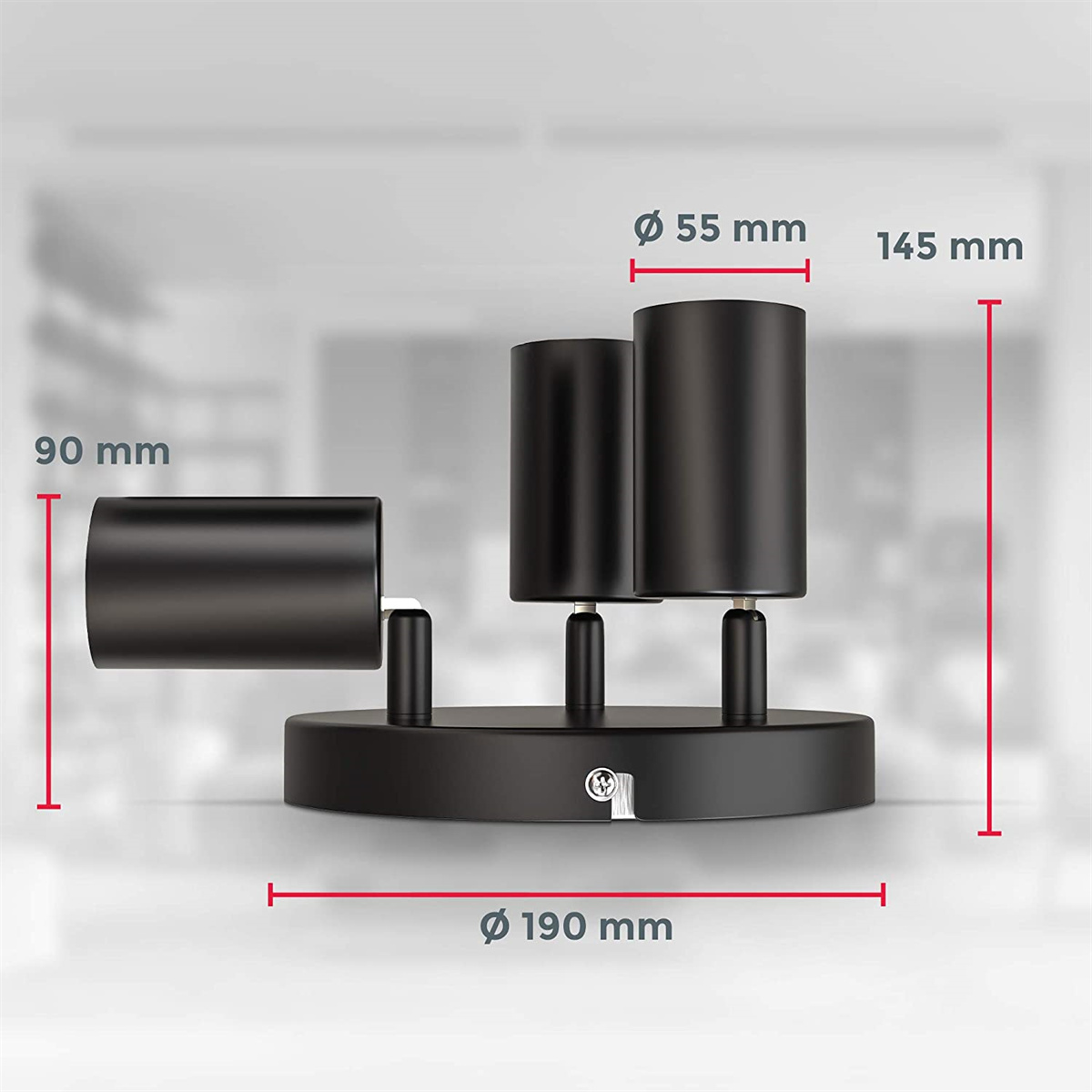 Schwarze Wandleuchte mit drei zylindrischen Köpfen, Abmessungen: 90 mm, 145 mm, 190 mm, 55 mm.