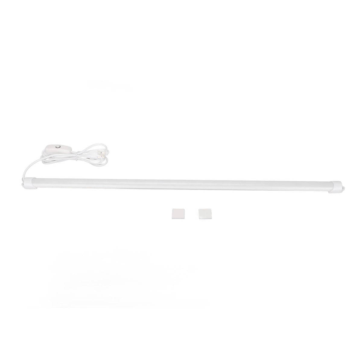 Weiße LED-Lichtleiste mit Netzkabel und zwei Klebequadraten.