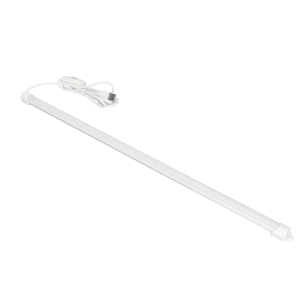 Ein weißer LED-Leuchtstab mit angeschlossenem USB-Kabel, liegend auf einer weißen Oberfläche.