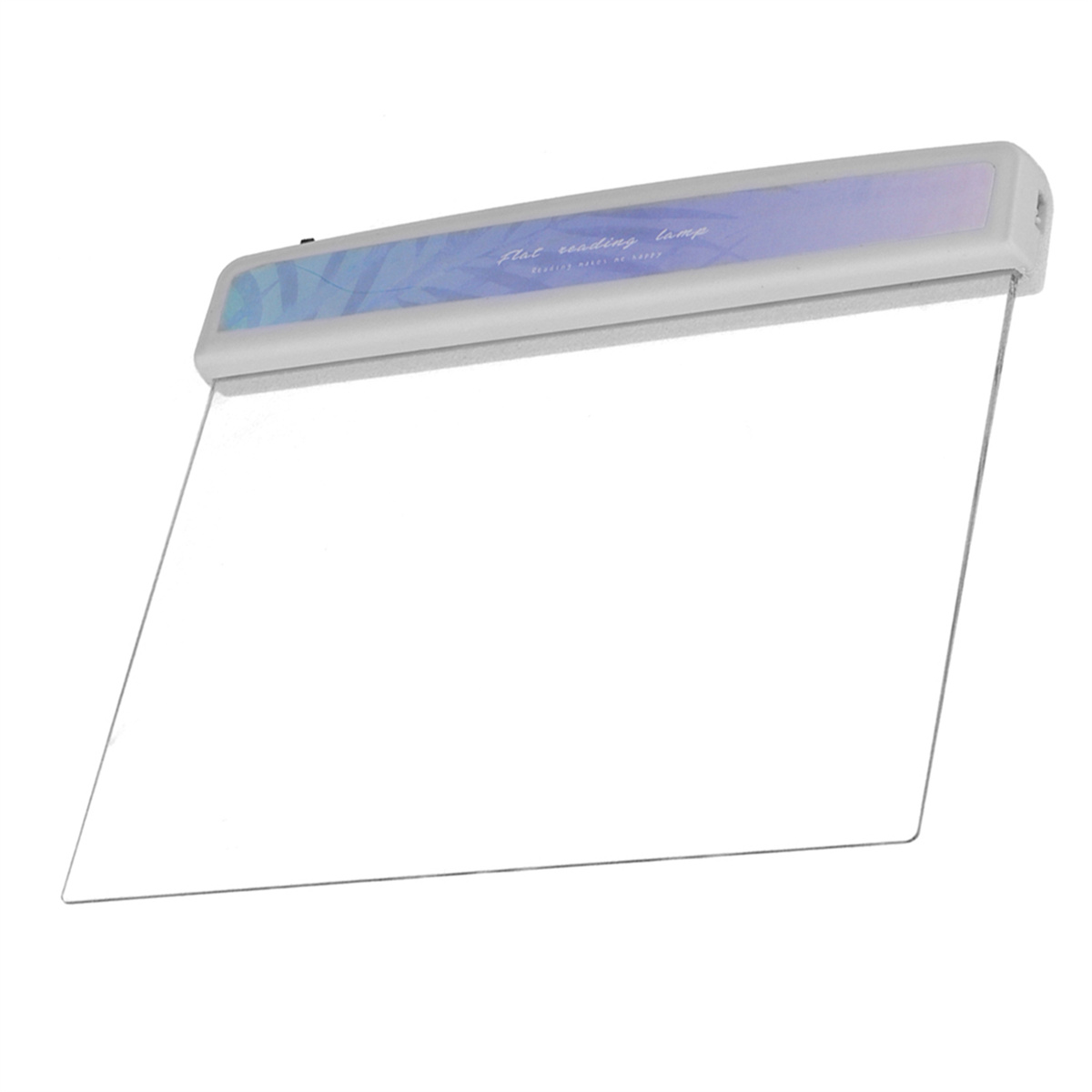 Weiße flache Leselampe mit einem transparenten Bildschirm, der flach auf einer Oberfläche liegt.