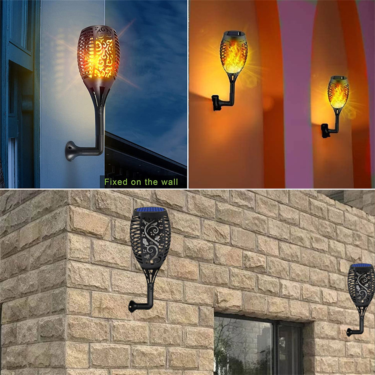 Wandlampen in Fackelform mit Flammeneffekt. Verschiedene Winkel und Backsteinmauer.