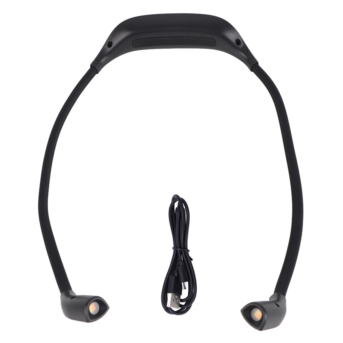 Schwarze Nackenleselampe mit zwei Lichtern und einem Ladekabel.