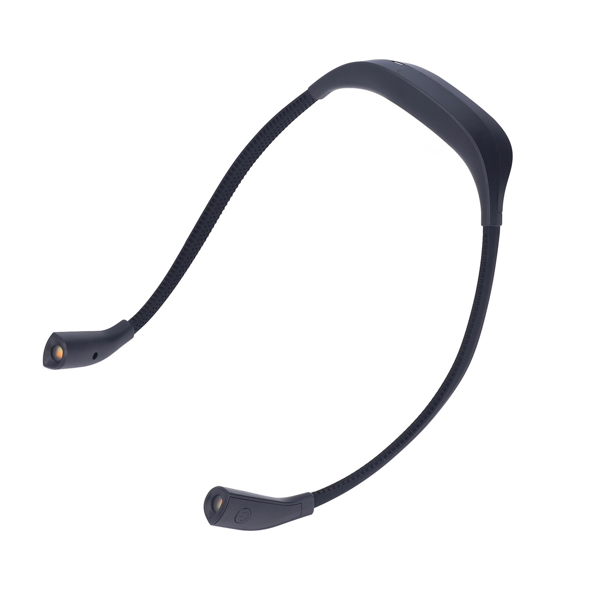 Eine schwarze, flexible Nackenleuchte mit zwei kleinen LED-Leuchten, isoliert auf weißem Hintergrund.