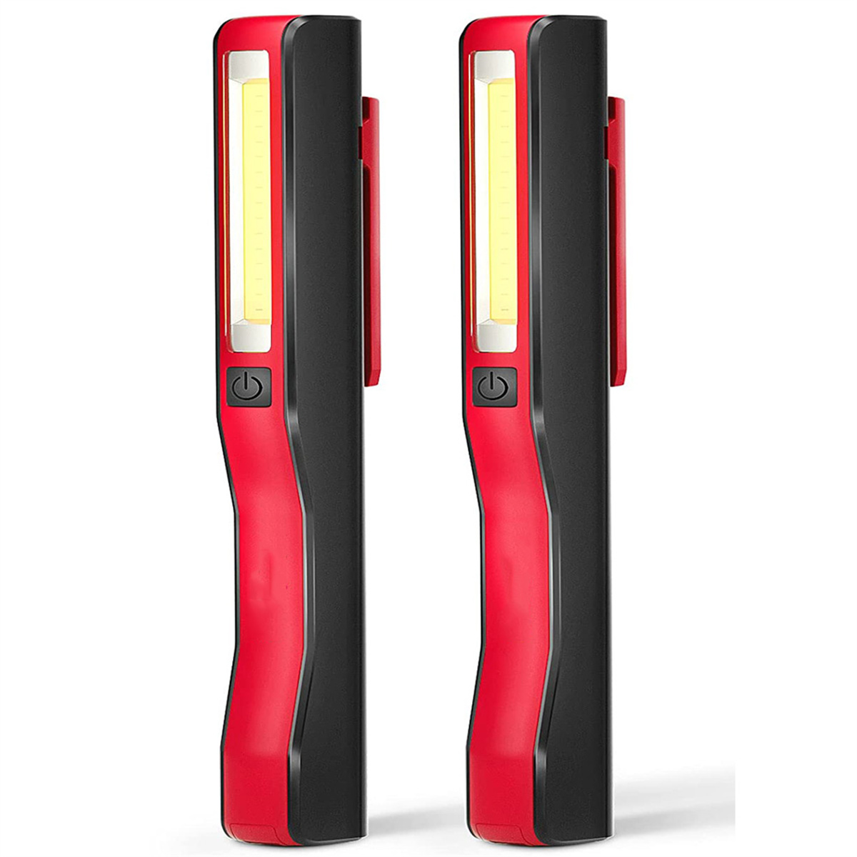 Zwei rot-schwarze LED-Arbeitsleuchten mit Ein-/Ausschalter und Clip.