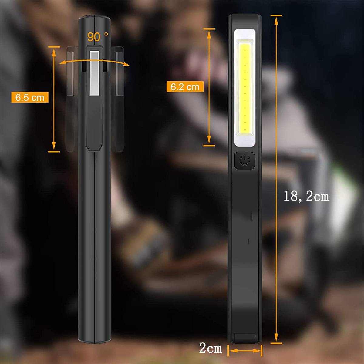 Zwei schwarze Lichter nebeneinander, eines gefaltet. Messungen von Länge und Größe sind angegeben.
