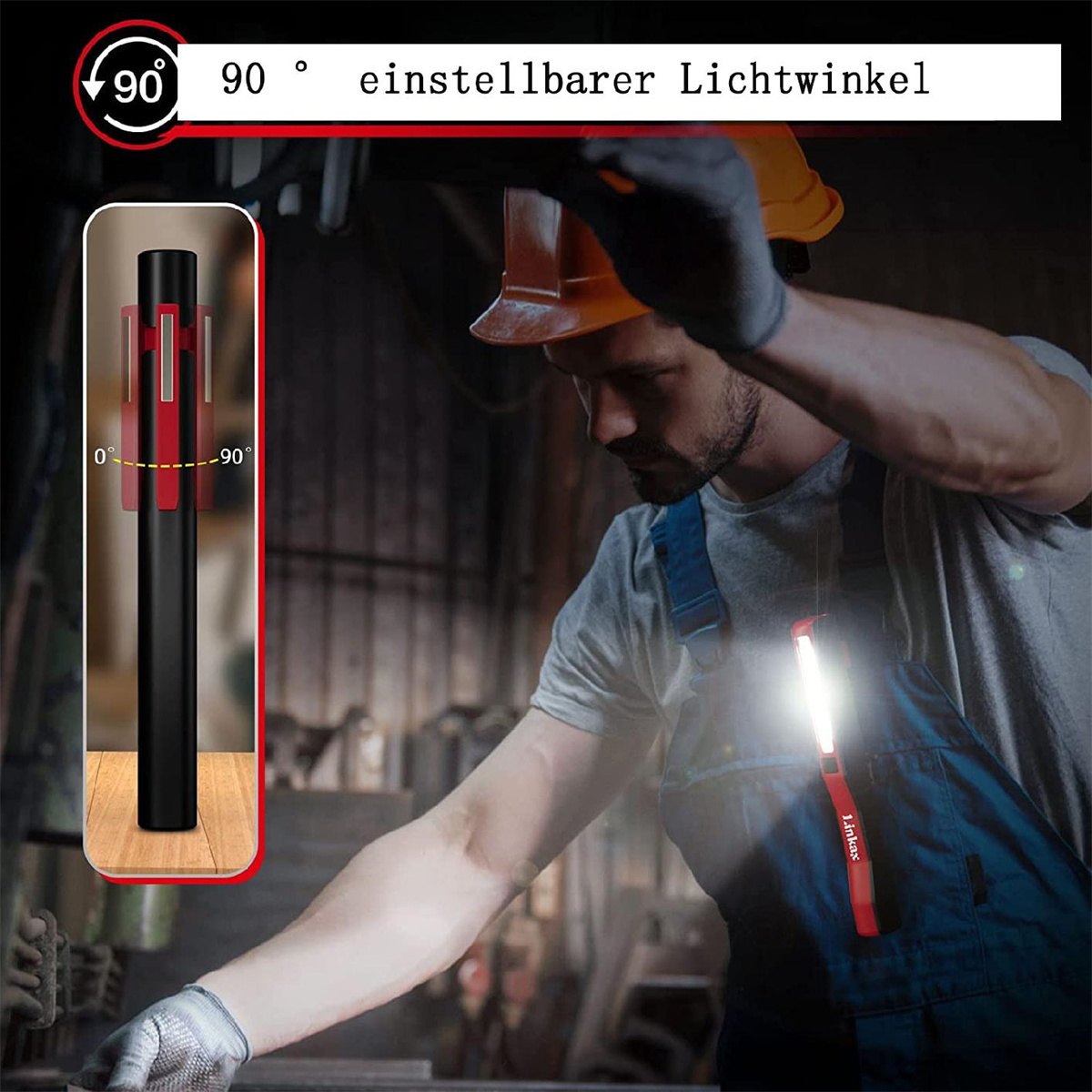 Ein Arbeiter in blauen Overalls und einem Helm benutzt eine rote Taschenlampe. Ein Diagramm zeigt den Winkel.