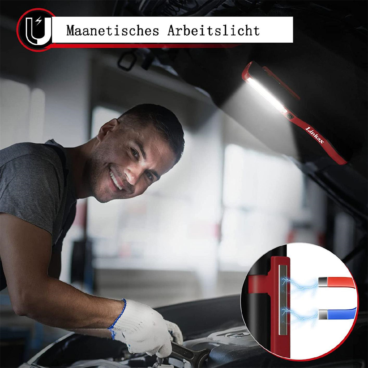 Ein Mechaniker lächelt, während er an einem Automotor arbeitet, mit einem roten magnetischen Arbeitslicht und einem Diagramm des Magnetfelds.