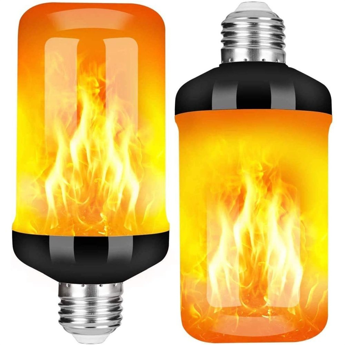 Zwei flammenförmige LED-Glühbirnen mit schwarzen Sockeln, die ein orangefarbenes Licht aussenden.