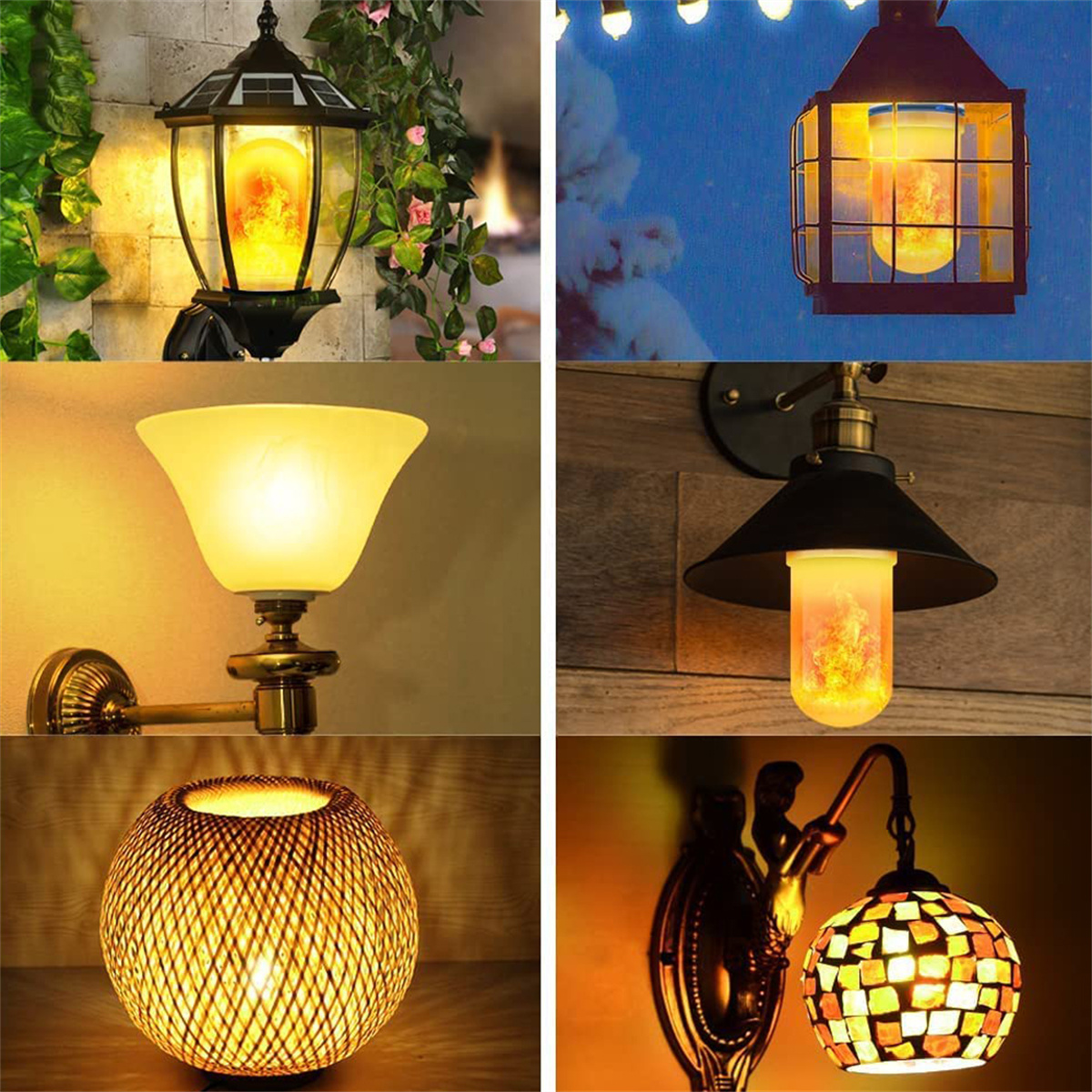 Sechs verschiedene Lampen mit warmem Licht. Verschiedene Designs: Käfig, Laterne, Tulpe und Globus. Farben: Schwarz, Gold und verschiedene Glasschirme.