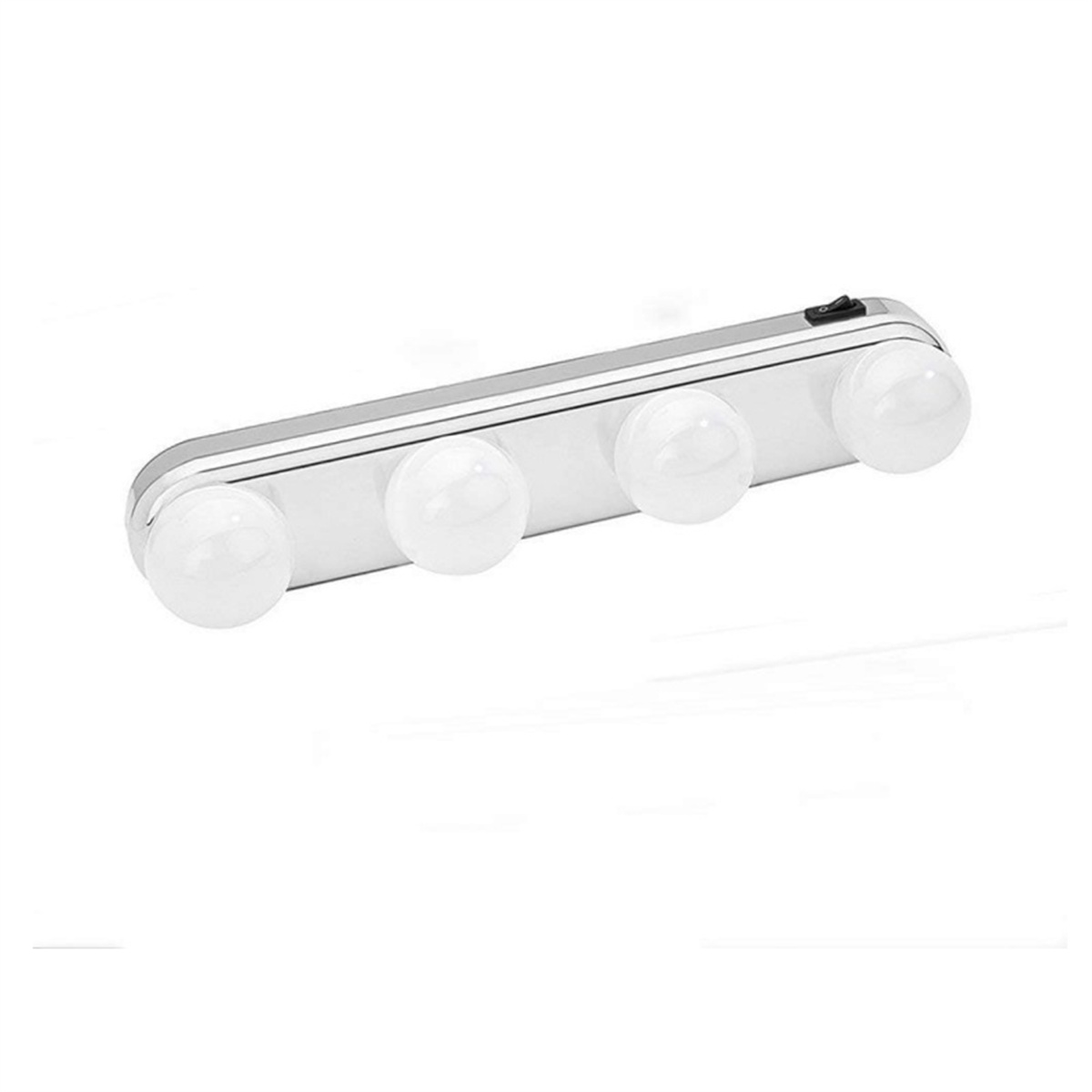 Ein silberner Balken mit 4 weißen LED-Leuchten. Er hat einen kleinen Schalter oben.
