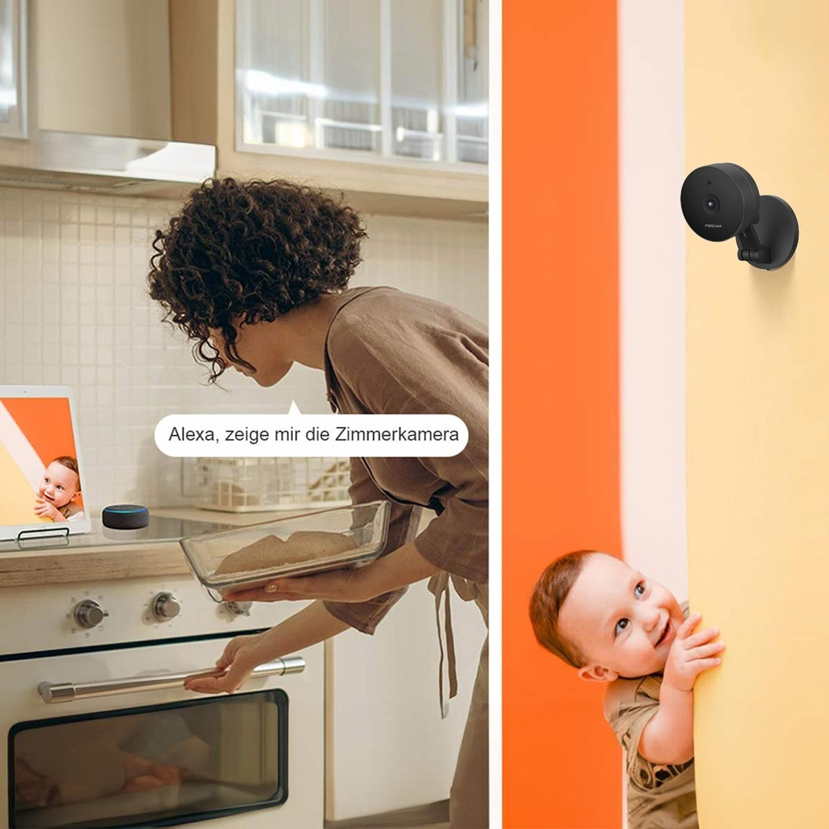 Frau schaut auf Tablet, Baby in Küche, Babyphone-Kamera.
