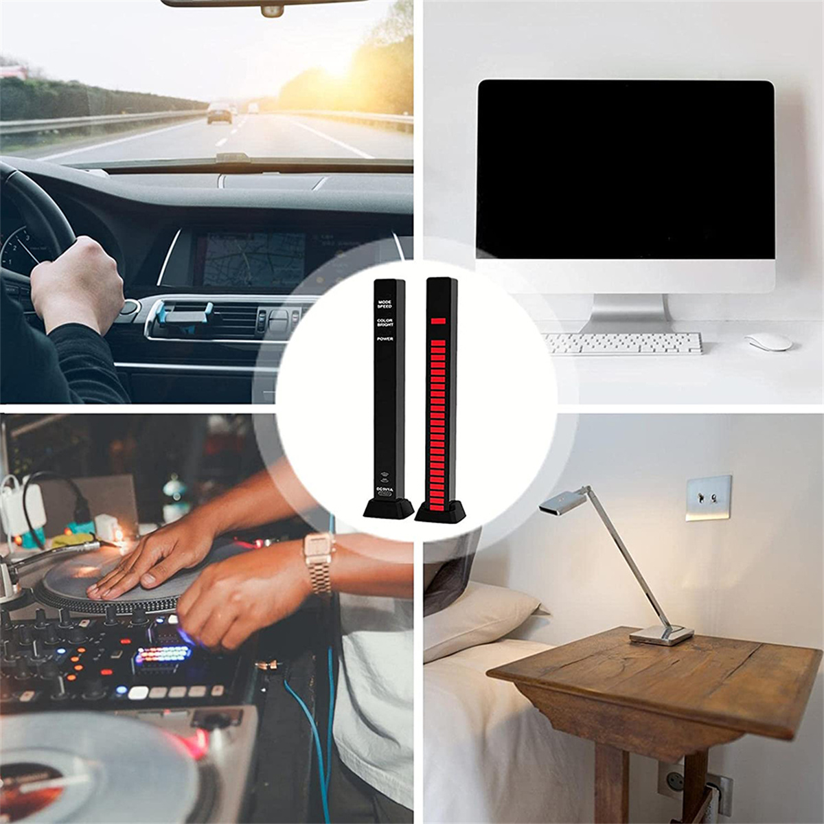 Eine Collage aus Bildern: ein Armaturenbrett, ein Computerbildschirm, ein DJ-Setup und eine Tischlampe.