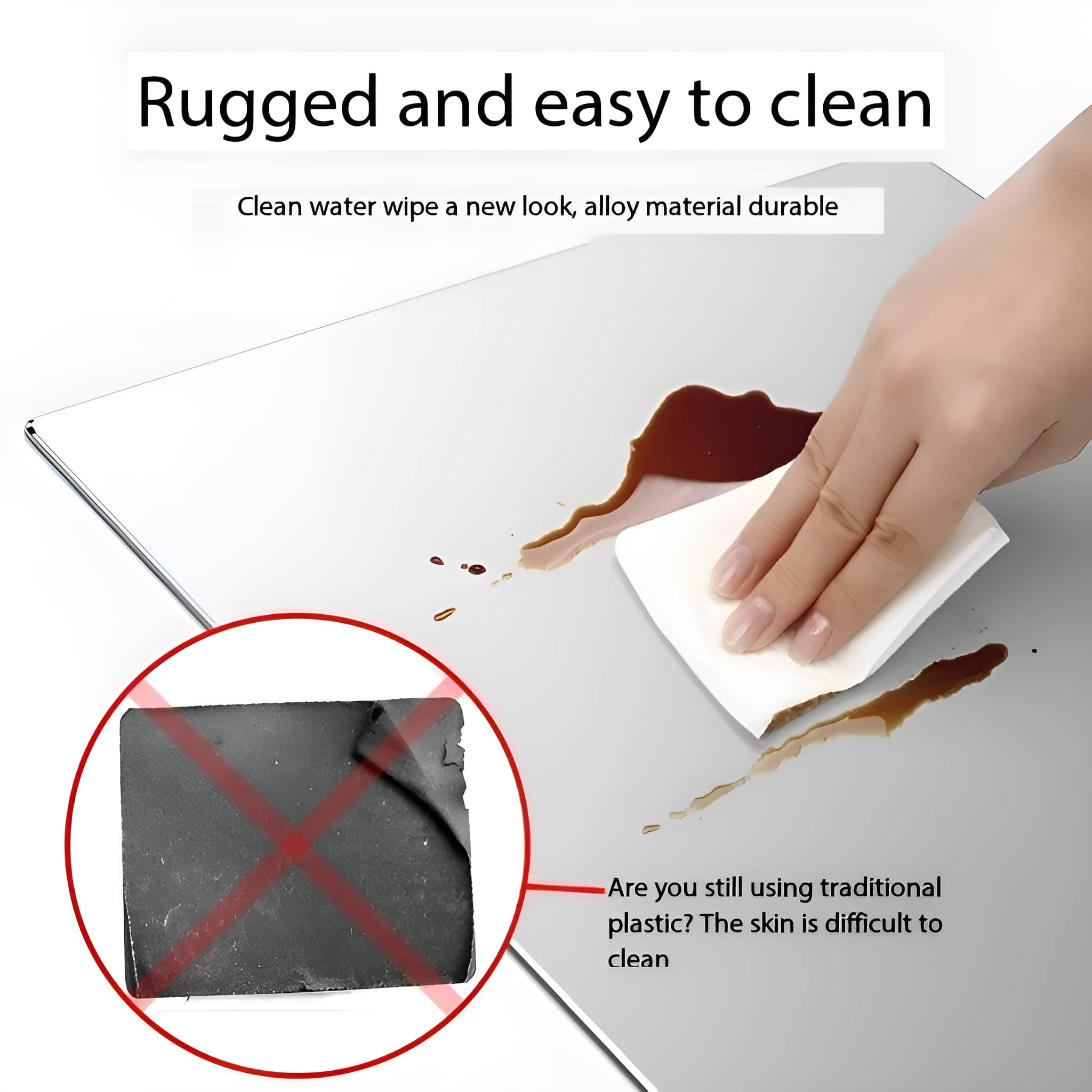 Hand wischt Oberfläche mit Tuch. Braune Flüssigkeit verschüttet. Schwarzes Material mit X.