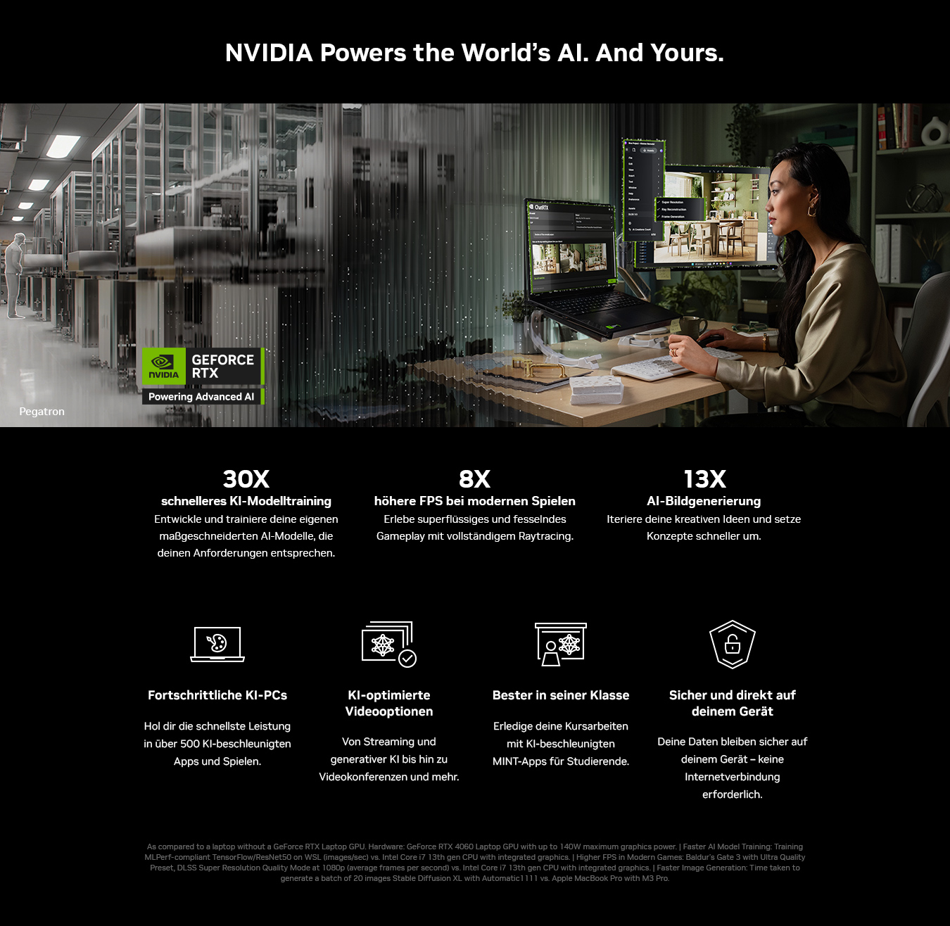 Eine Werbung mit Text und Grafiken, die die KI-Technologie von NVIDIA bewirbt, Frau am Schreibtisch.