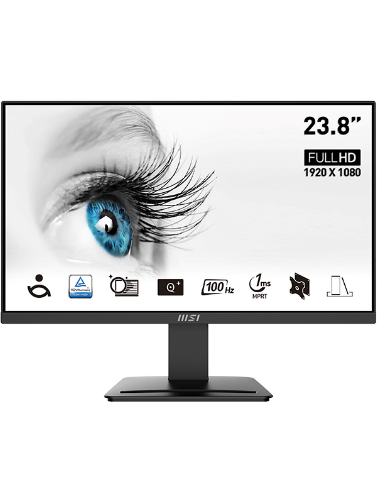 Ein schwarzer Computermonitor, der ein Nahaufnahmebild eines blauen Auges anzeigt. Der Monitor steht auf einem Schreibtisch.