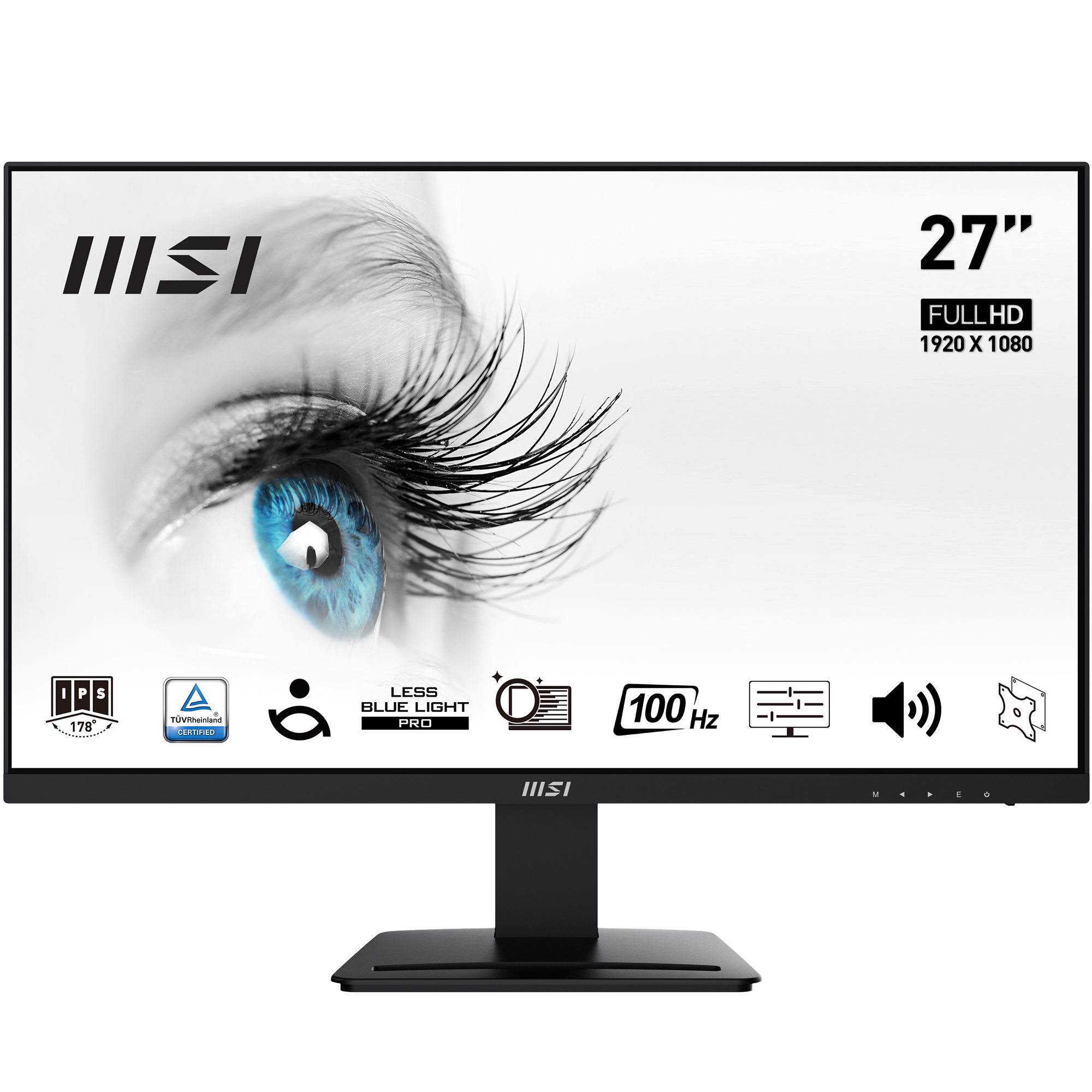 Schwarzer MSI-Monitor mit 27-Zoll-Bildschirm und blauer Augengrafik.