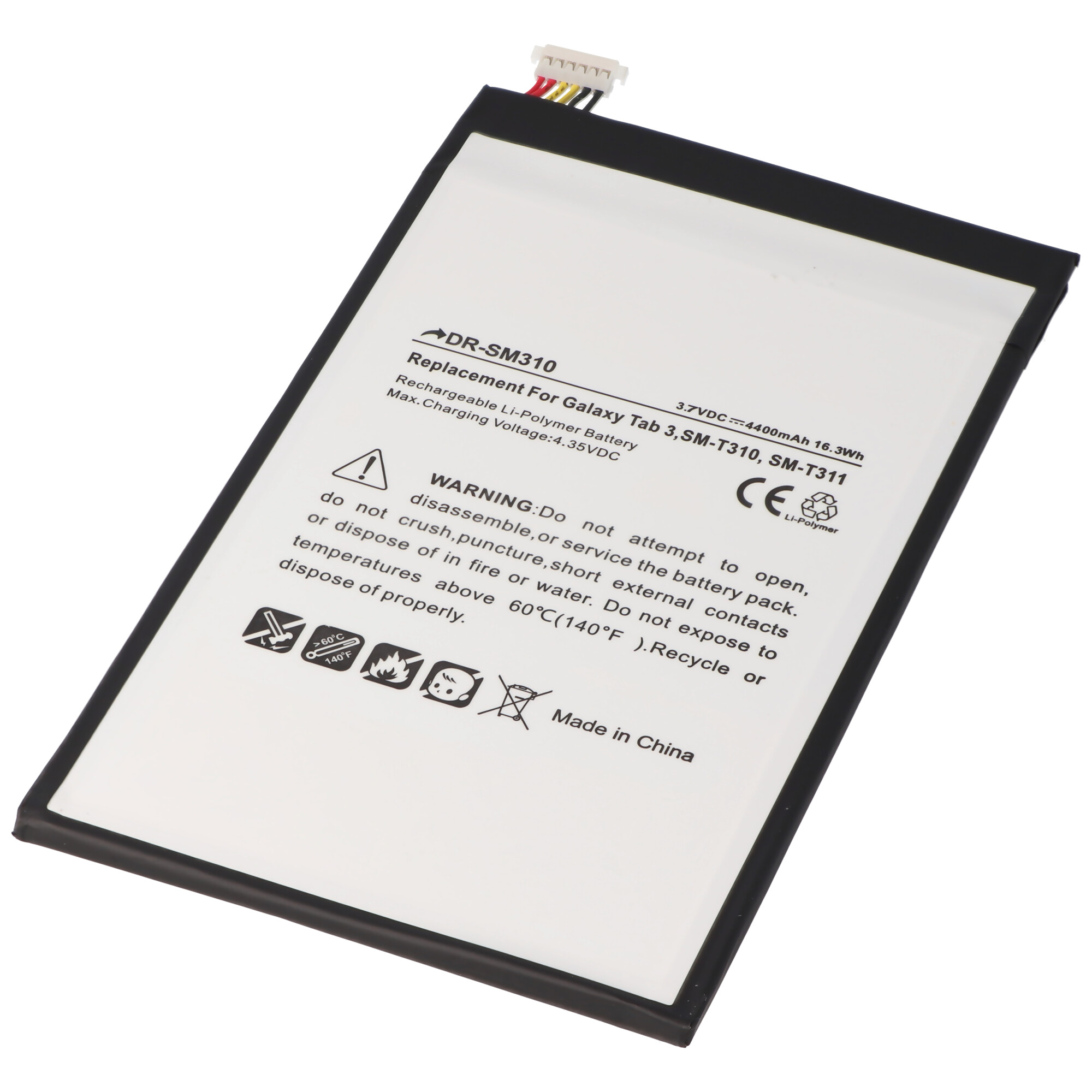 Ein weiß-schwarzer Batteriewechsel für ein Tablet, mit Warnungen in mehreren Sprachen.