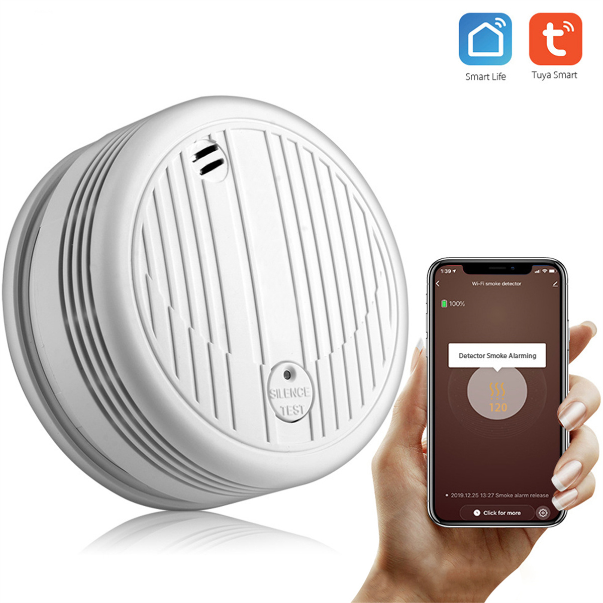 Ein weißer Rauchmelder und ein Telefon, das eine App-Oberfläche anzeigt. Es zeigt einen Rauchalarm.
