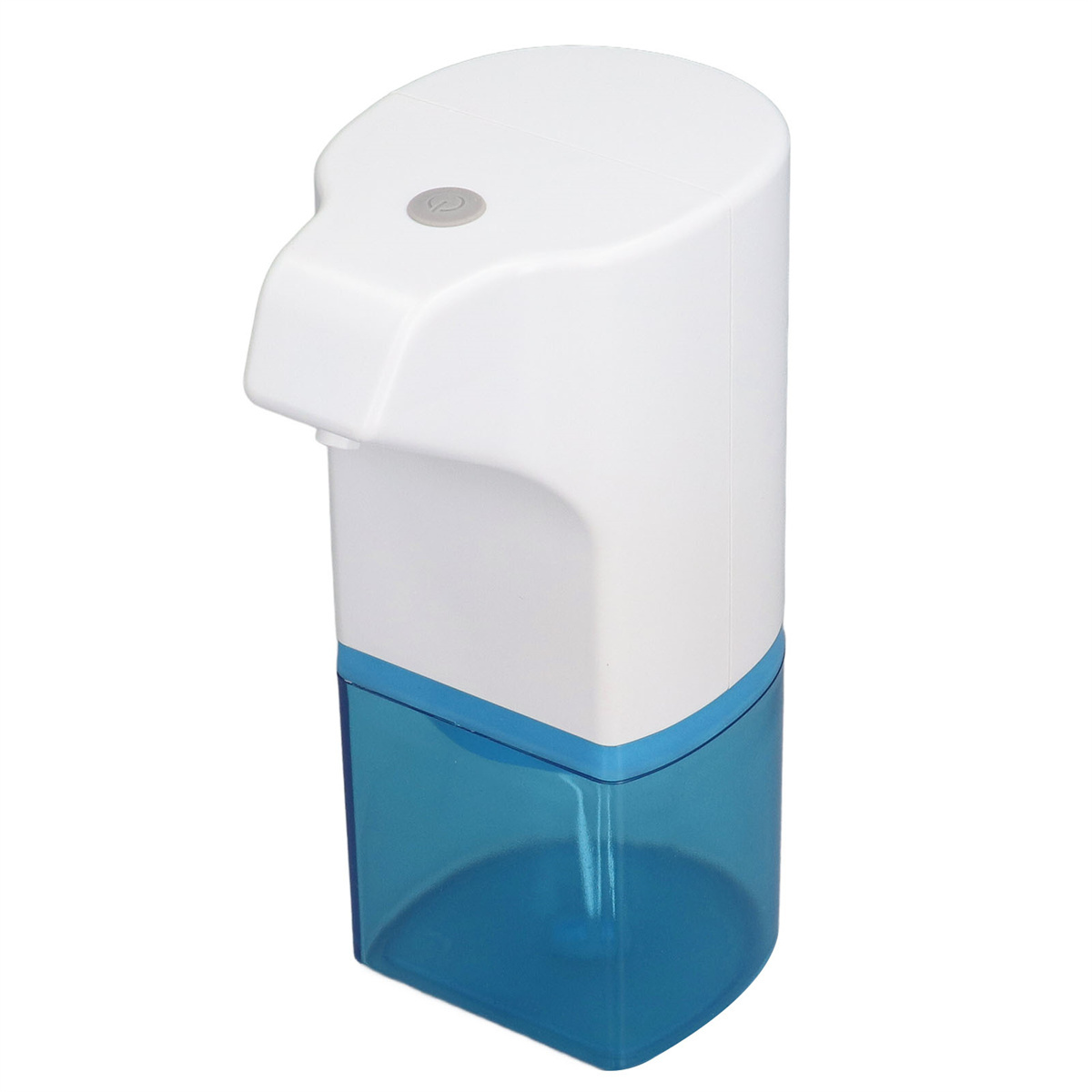 Ein weißer und blauer automatischer Seifenspender mit einem Ein-/Ausschalter oben.
