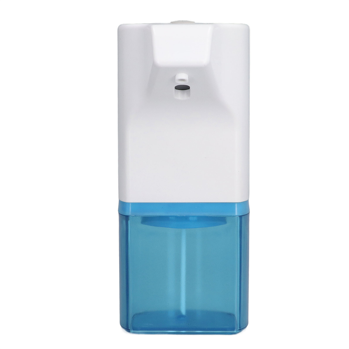 Weiß-blauer automatischer Seifenspender auf weißem Hintergrund.