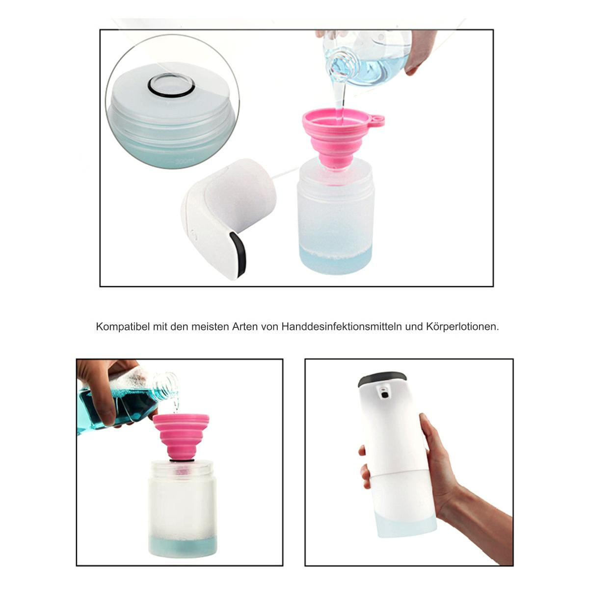 Bilder, die einen weißen automatischen Seifenspender mit einem rosa Trichter und eine Flasche, die mit Flüssigseife gefüllt wird, zeigen.