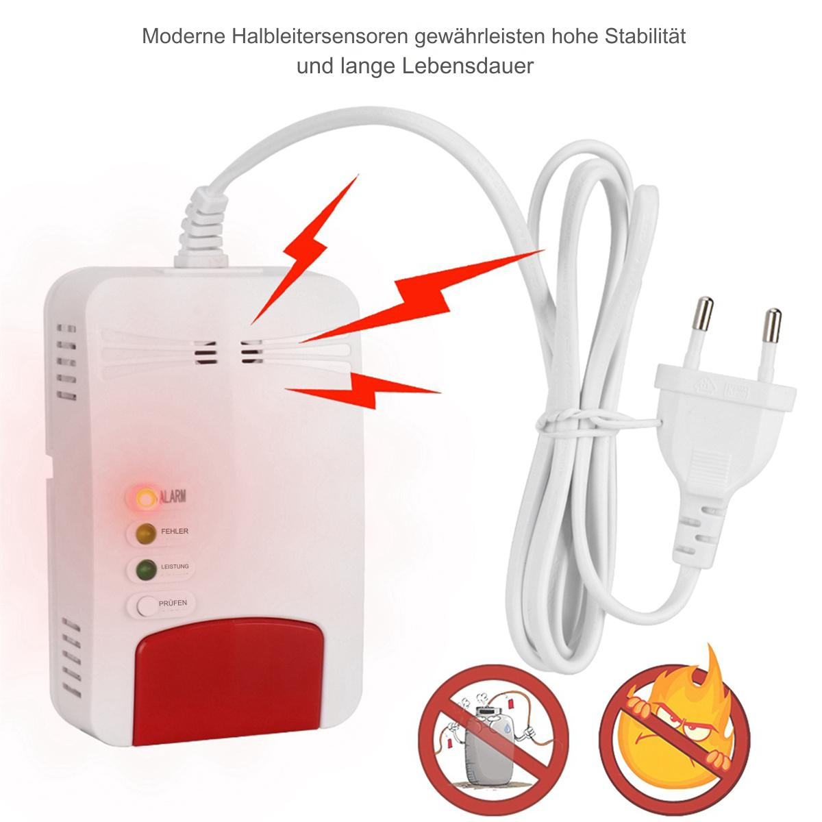 Weißer Gasdetektor mit roten Alarmlichtern, weißem Kabel und Symbolen für kein Gas und Feuer auf weißem Hintergrund.