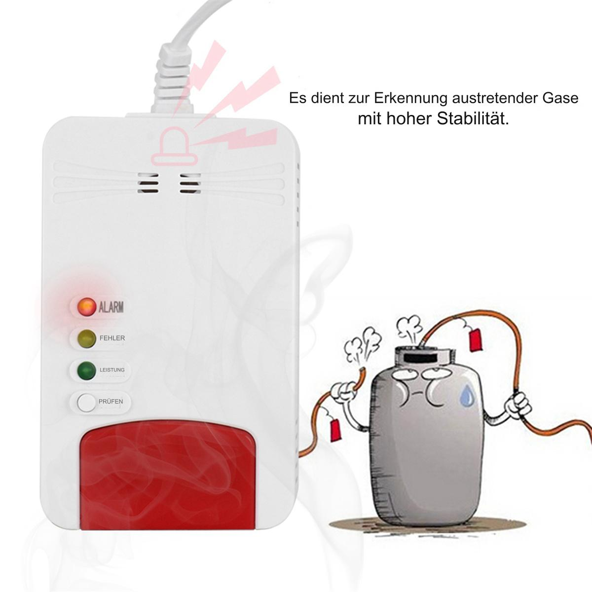 Weißer Gasleckdetektor mit roter Alarmlampe und Zeichentricktank. Text: Zum Nachweis von ausströmenden Gasen.