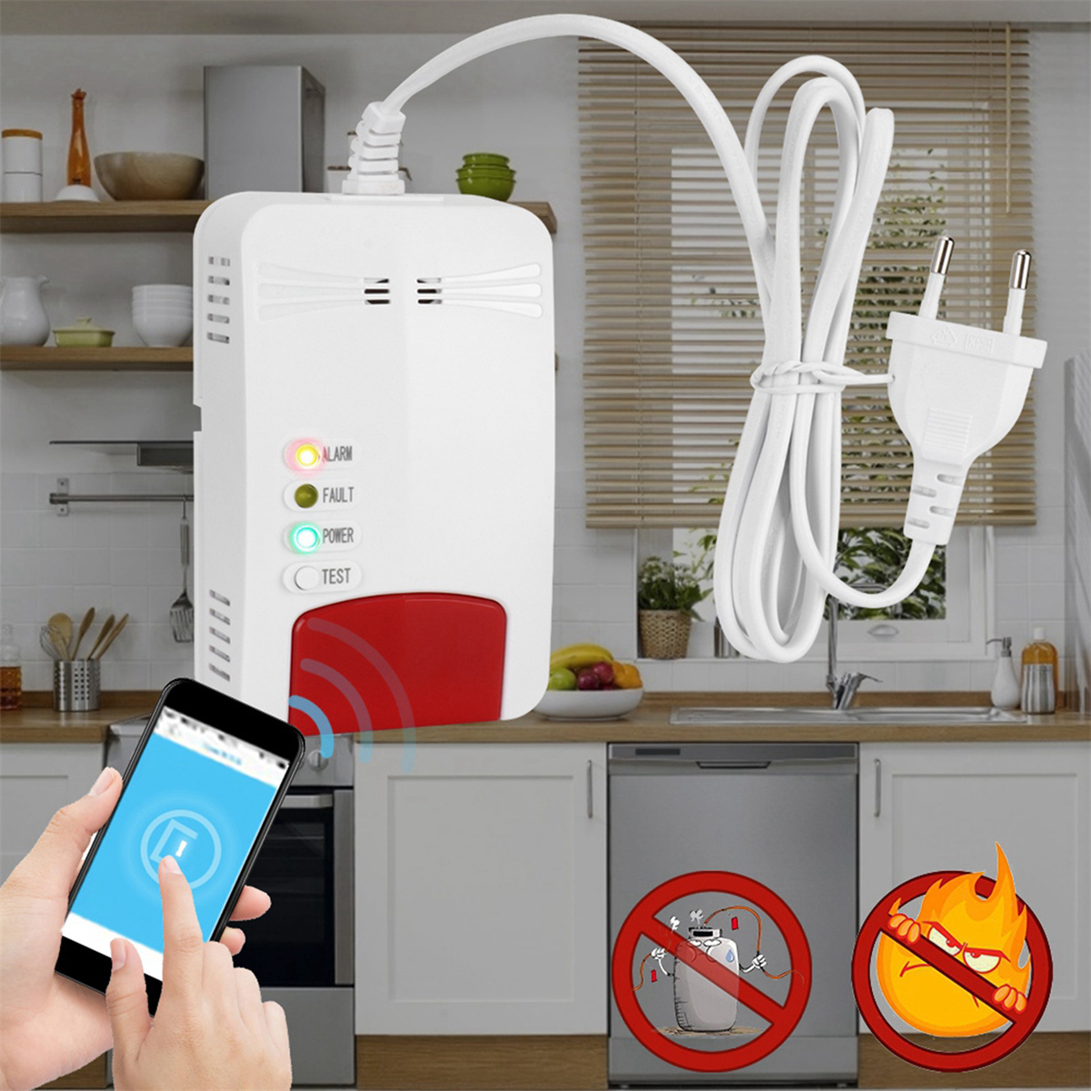 Ein weißer Rauchmelder mit roter Platte und Smartphone, das eine App-Oberfläche zeigt.