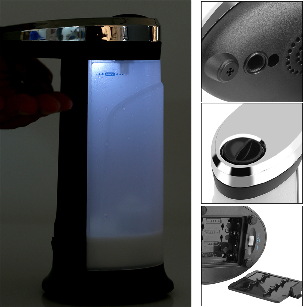 Automatischer Seifenspender. Schwarz und Silber mit blau beleuchteter Flüssigkeit. Details der Spenderteile. Weißer Hintergrund.