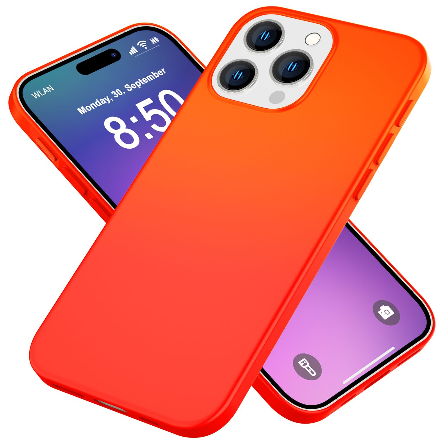 Zwei orangefarbene iPhone-Hüllen, eine zeigt den Bildschirm mit Datum und Uhrzeit.
