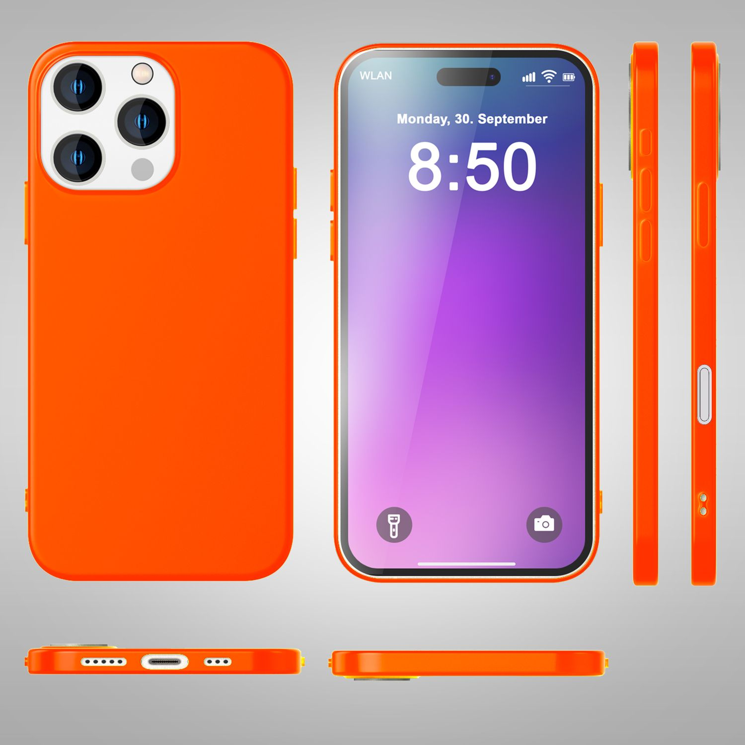 Orangefarbene Handyhülle mit Telefon. Mehrere Ansichten mit Tasten, Kamera und Bildschirm.