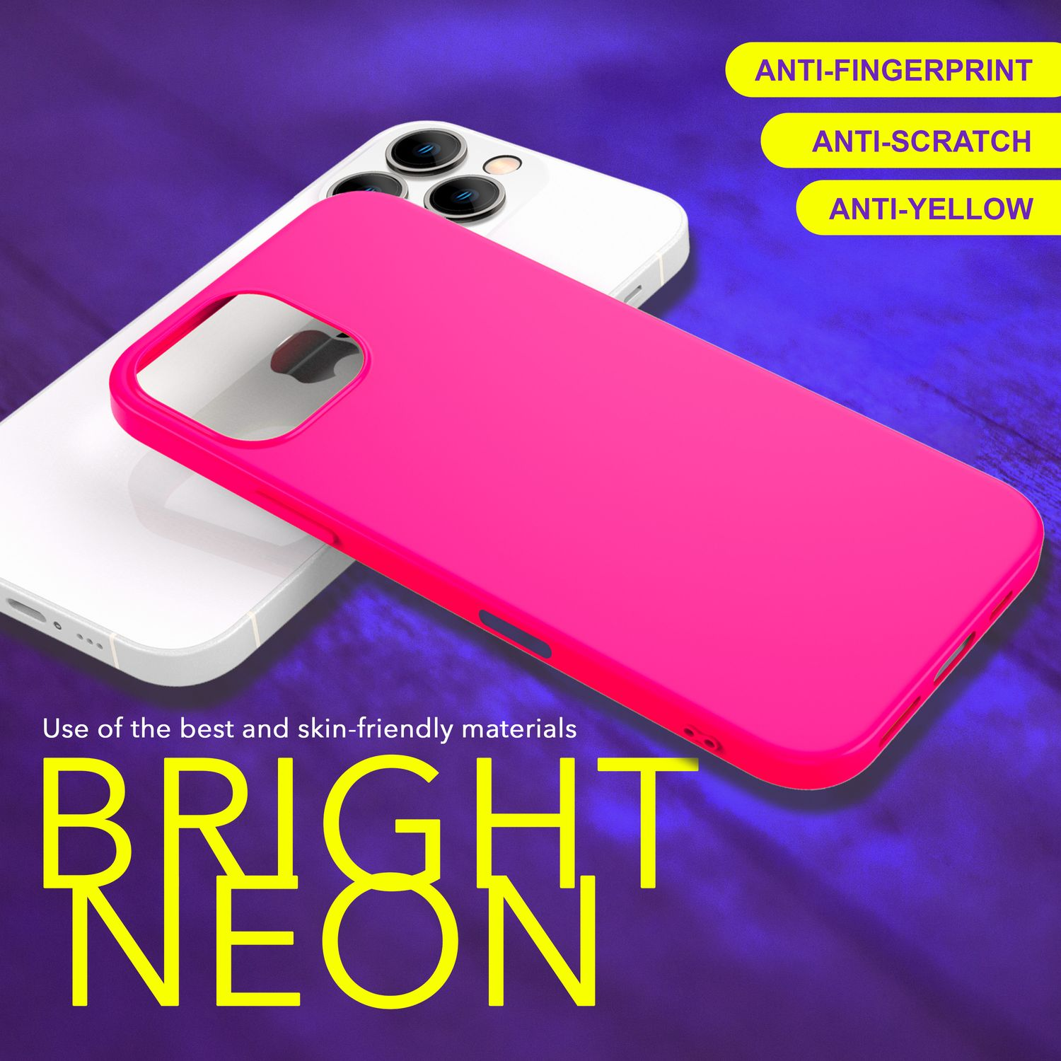 Pinkfarbene Handyhülle auf einem weißen Telefon. Text: Anti-Fingerprint, Anti-Kratzer, Anti-Gelb. Helles Neon.