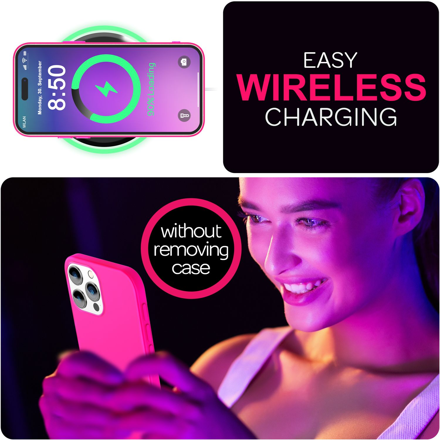 Ein kabelloses Ladepad mit einem Telefon darauf. Eine Frau hält ein rosa Telefon in einer Hülle.
