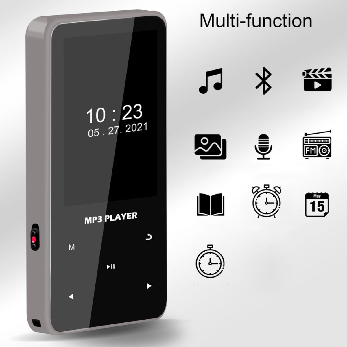 Grauer MP3-Player mit Uhrzeit 10:23, 27.05.2021. Symbole für Musik, Bluetooth, Video, Bild, Mikrofon, FM, Buch, Uhr, Kalender.