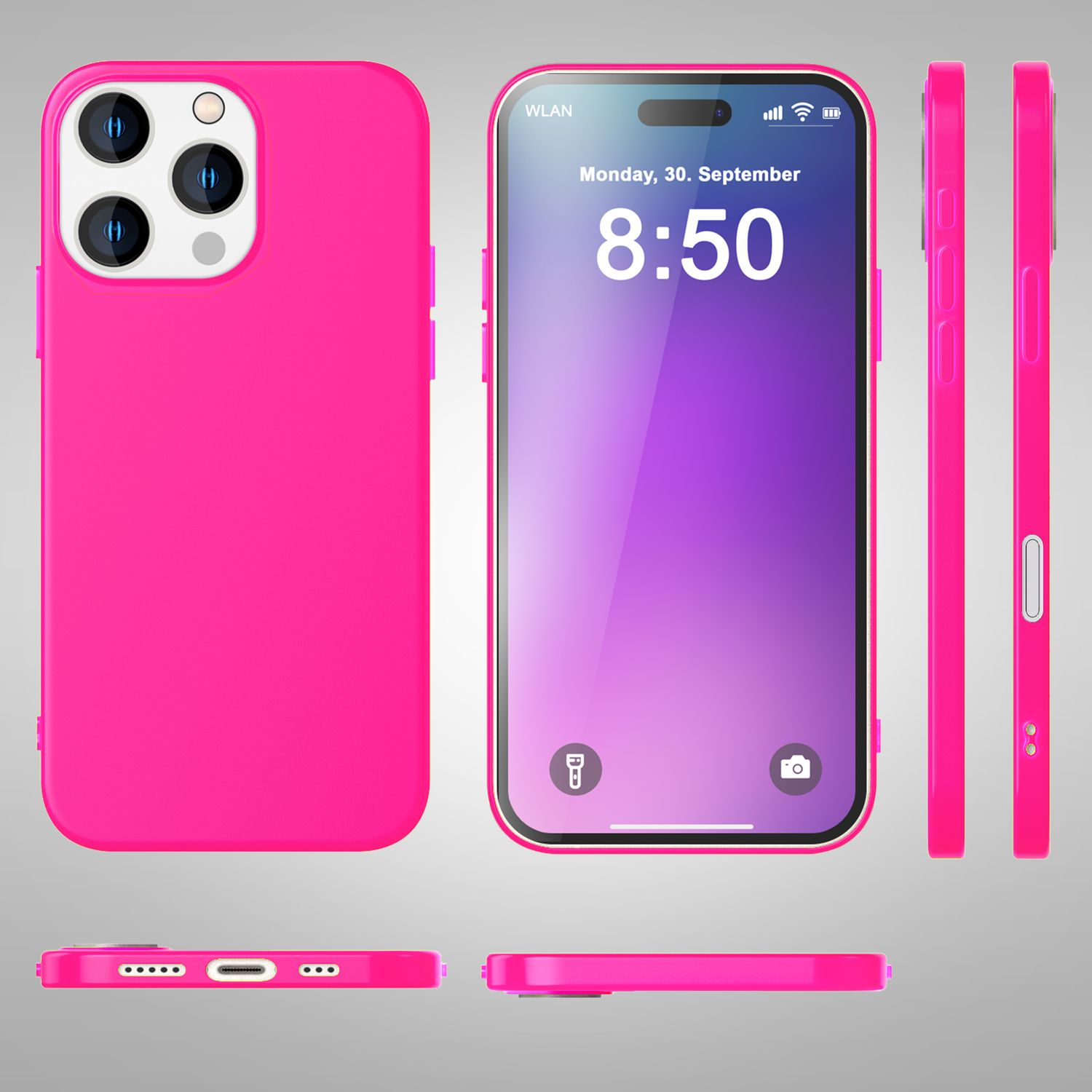 Rosa Handyhülle mit Telefon darin. Das Telefon zeigt Datum und Uhrzeit auf dem Bildschirm.