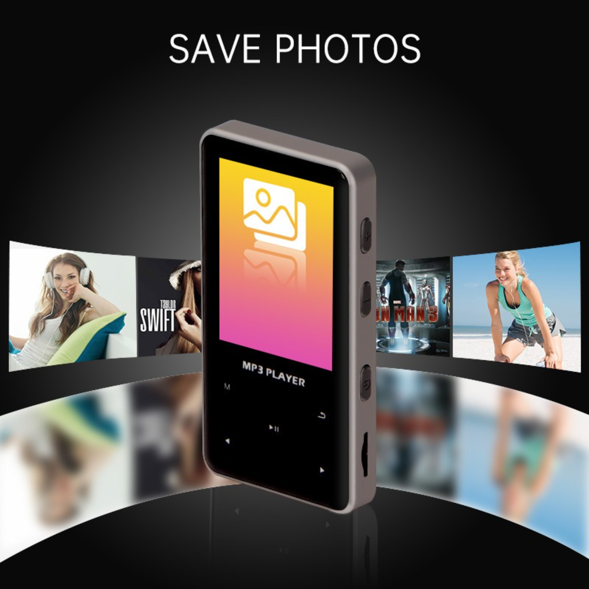 Ein MP3-Player mit Bildern auf verschwommenem Hintergrund. Oben steht Text: 'SAVE PHOTOS'.