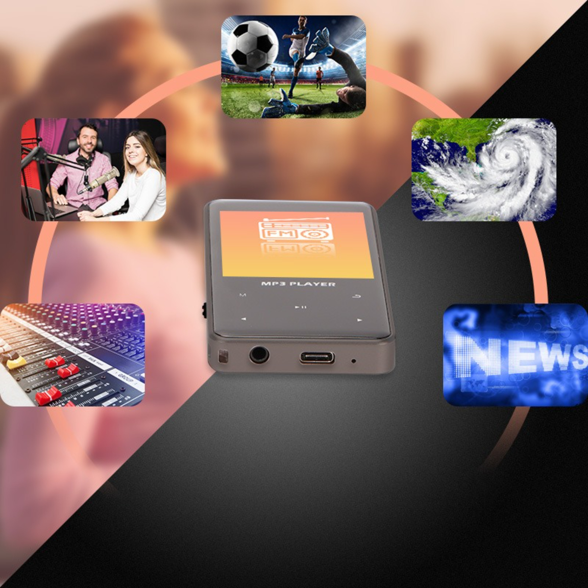 Ein MP3-Player mit verschiedenen Bildern zu Unterhaltung, Nachrichten und Wetter.